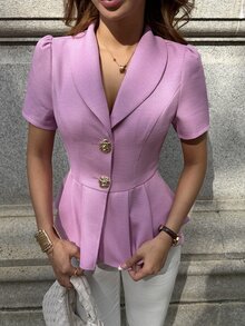 Pariaura 优雅时尚通勤百搭休闲日常短袖V领金属扣装饰纹理面料女式衬衫上衣，春夏款，粉色 - 粉色 - 查看 6