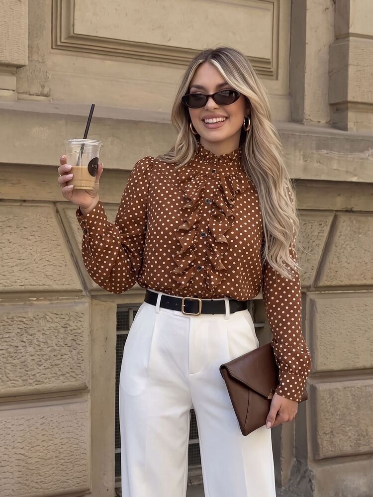 Pariaura Polka Dot Ruffle Trim Shirt,Long Sleeve Tops Fall Cloth For Women - Coffee Brown - View 1