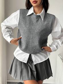 SHEIN PariChic 女士素色簡約日常無袖毛衣背心 - 灰色 - 查看 4