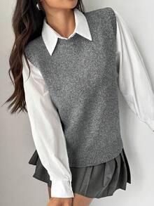 SHEIN PariChic 女士素色簡約日常無袖毛衣背心 - 灰色 - 查看 7