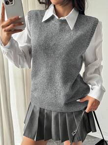 SHEIN PariChic 女士素色簡約日常無袖毛衣背心 - 灰色 - 查看 5
