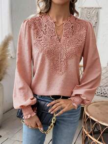 SHEIN PariChic 女士度假撞色蕾丝V领灯笼袖衬衫 - 粉色 - 查看 6