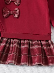 SHEIN 女童針織純色圓領格紋3D蝴蝶結拼接織紋格紋下擺休閒秋季洋裝 - 紅色 - 查看 7