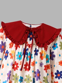 SHEIN 少女花卉印花休閒日常夏季洋裝 - 紅色 - 查看 5