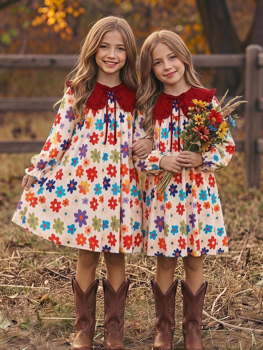 SHEIN 少女花卉印花休閒日常夏季洋裝 - 紅色 - 查看 1