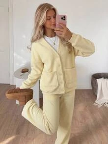 CovetEZ 2 Set Women's Solid Color Long Sleeve Cardigan & Pants Casual Two Pieces Set Cream-Yellow Thermal Fleece Two Pieces Set (Autumn/Winter) - Light Yellow - View 7