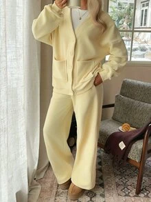 CovetEZ 2 Set Women's Solid Color Long Sleeve Cardigan & Pants Casual Two Pieces Set Cream-Yellow Thermal Fleece Two Pieces Set (Autumn/Winter) - Light Yellow - View 3
