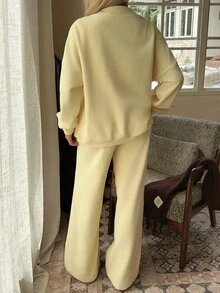 CovetEZ 2 Set Women's Solid Color Long Sleeve Cardigan & Pants Casual Two Pieces Set Cream-Yellow Thermal Fleece Two Pieces Set (Autumn/Winter) - Light Yellow - View 8