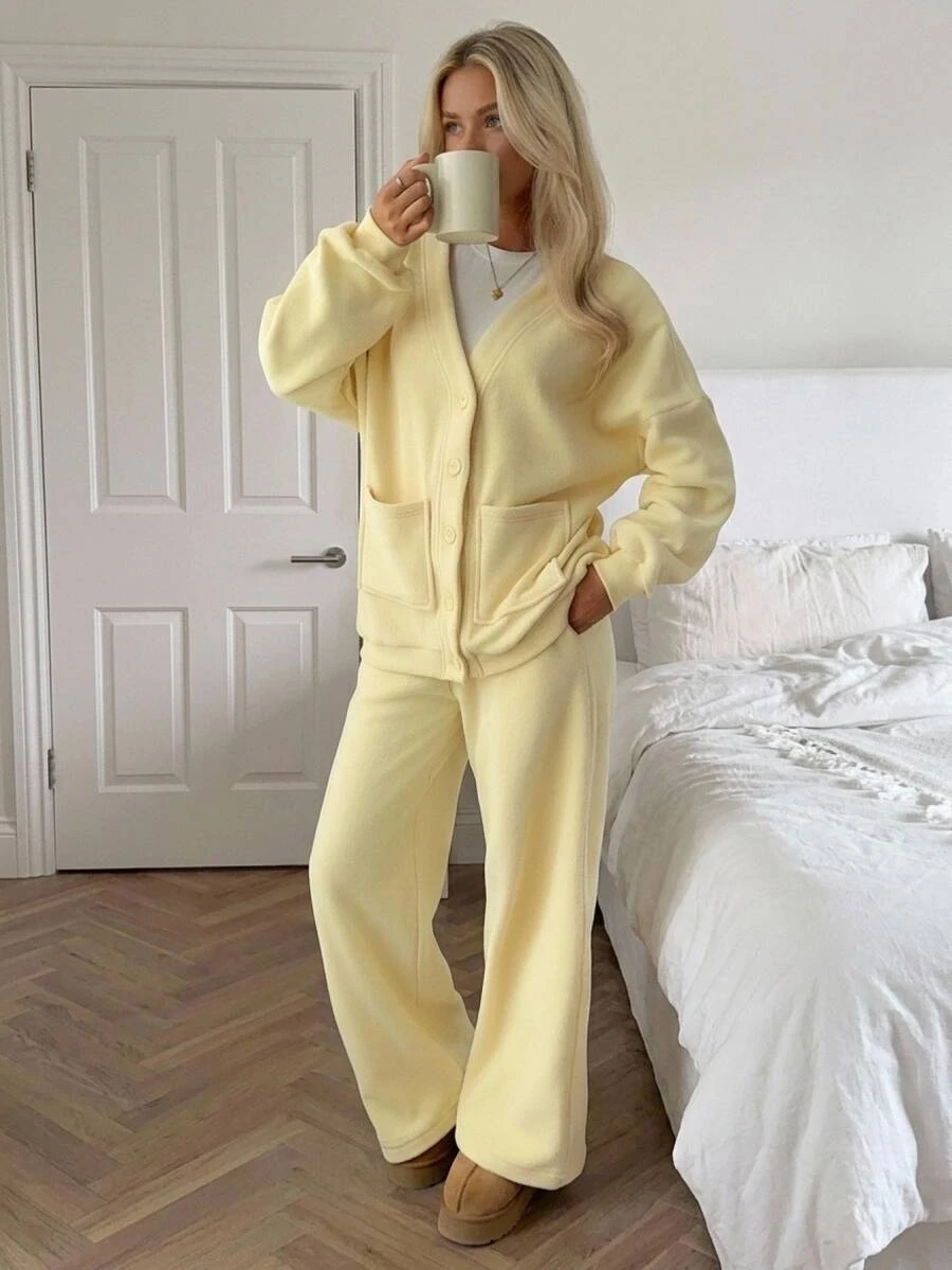CovetEZ 2 Set Women's Solid Color Long Sleeve Cardigan & Pants Casual Two Pieces Set Cream-Yellow Thermal Fleece Two Pieces Set (Autumn/Winter) - Light Yellow - View 1