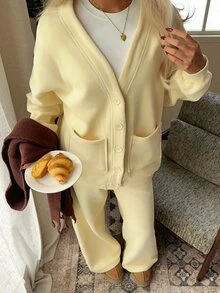 CovetEZ 2 Set Women's Solid Color Long Sleeve Cardigan & Pants Casual Two Pieces Set Cream-Yellow Thermal Fleece Two Pieces Set (Autumn/Winter) - Light Yellow - View 5