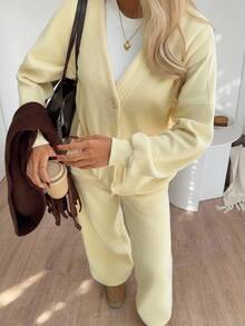 CovetEZ 2 Set Women's Solid Color Long Sleeve Cardigan & Pants Casual Two Pieces Set Cream-Yellow Thermal Fleece Two Pieces Set (Autumn/Winter) - Light Yellow - View 9