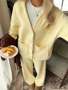 CovetEZ 2 Set Women's Solid Color Long Sleeve Cardigan & Pants Casual Two Pieces Set Cream-Yellow Thermal Fleece Two Pieces Set (Autumn/Winter) - Light Yellow - View 4