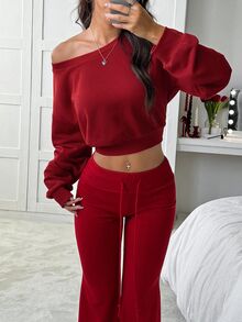 SHEIN EZwear 2pcs/Set Women Gray Asymmetrical Shoulder Sweatshirt Flared Sweatpants Lounge Autumn Casual - Burgundy - View 6