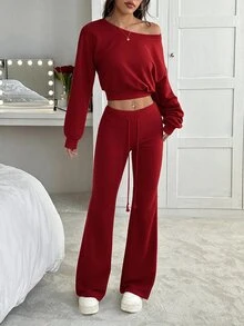 SHEIN EZwear 2pcs/Set Women Gray Asymmetrical Shoulder Sweatshirt Flared Sweatpants Lounge Autumn Casual - Burgundy - View 3