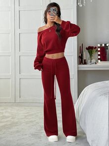 SHEIN EZwear 2pcs/Set Women Gray Asymmetrical Shoulder Sweatshirt Flared Sweatpants Lounge Autumn Casual - Burgundy - View 1