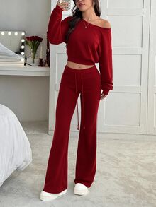 SHEIN EZwear 2pcs/Set Women Gray Asymmetrical Shoulder Sweatshirt Flared Sweatpants Lounge Autumn Casual - Burgundy - View 5