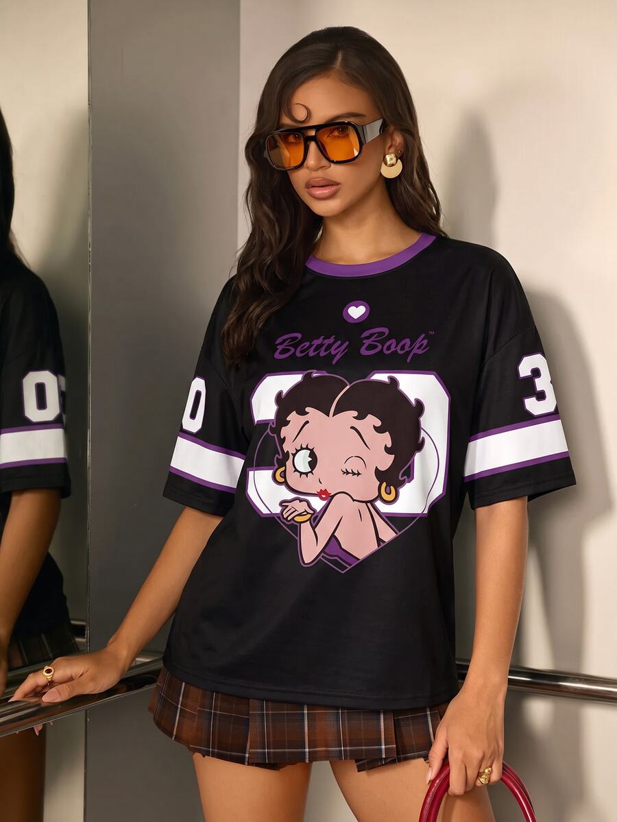 Betty Boop x SHEIN Women's Letter Heart Print Round Neck Short Sleeve Casual Streetwear T-Shirt Everyday Going Out Black Summer - White - View 1