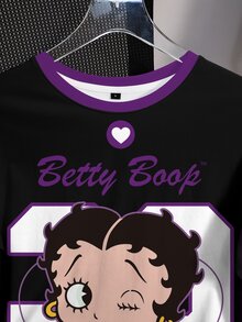Betty Boop x SHEIN Women's Letter Heart Print Round Neck Short Sleeve Casual Streetwear T-Shirt Everyday Going Out Black Summer - White - View 5