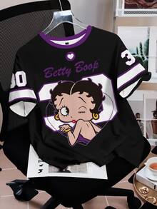 Betty Boop x SHEIN Women's Letter Heart Print Round Neck Short Sleeve Casual Streetwear T-Shirt Everyday Going Out Black Summer - White - View 4