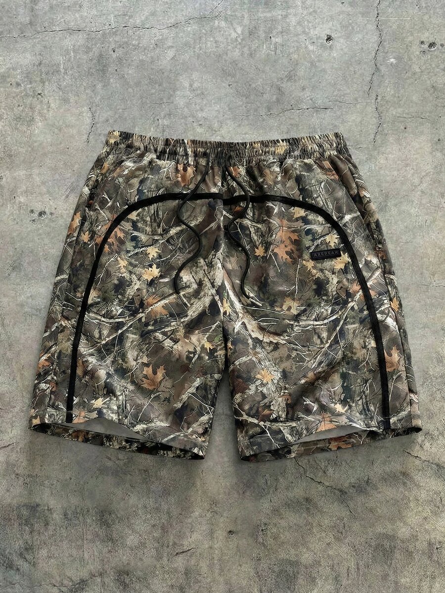 AXEPEAK Pantalones cortos casuales sueltos con cordón en la cintura y estampado de ramas para hombres - Multicolor - Ver 1