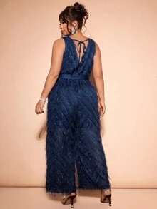 Cravure Plus Size Women's New Elegant Party Jumpsuit With Fringe, V-Neck, Bow Tie, Back Cutout, Spring/Summer - Navy Blue - View 2