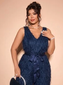 Cravure Plus Size Women's New Elegant Party Jumpsuit With Fringe, V-Neck, Bow Tie, Back Cutout, Spring/Summer - Navy Blue - View 6