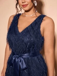 Cravure Plus Size Women's New Elegant Party Jumpsuit With Fringe, V-Neck, Bow Tie, Back Cutout, Spring/Summer - Navy Blue - View 5