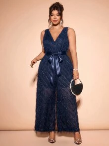 Cravure Plus Size Women's New Elegant Party Jumpsuit With Fringe, V-Neck, Bow Tie, Back Cutout, Spring/Summer - Navy Blue - View 4