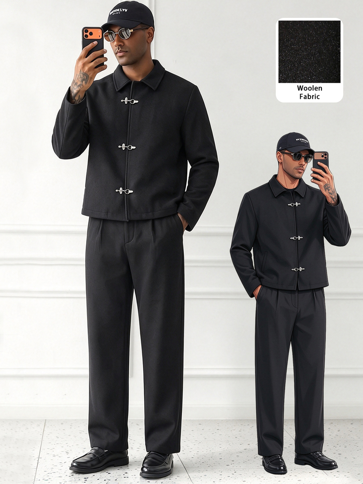 HUEFORM Men's Wool Blend Classic Versatile Large Pocket Lapel Airplane Button Decor Comfortable Mature Casual Jacket 2 Pieces Set - Black - View 6