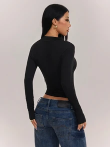 SHEIN PETITE Women's Thin Solid Color Long Sleeve Zipper Slim Fit Jacket, Suitable For Outings, Sports, Daily Wear, Vacation - Black - View 2