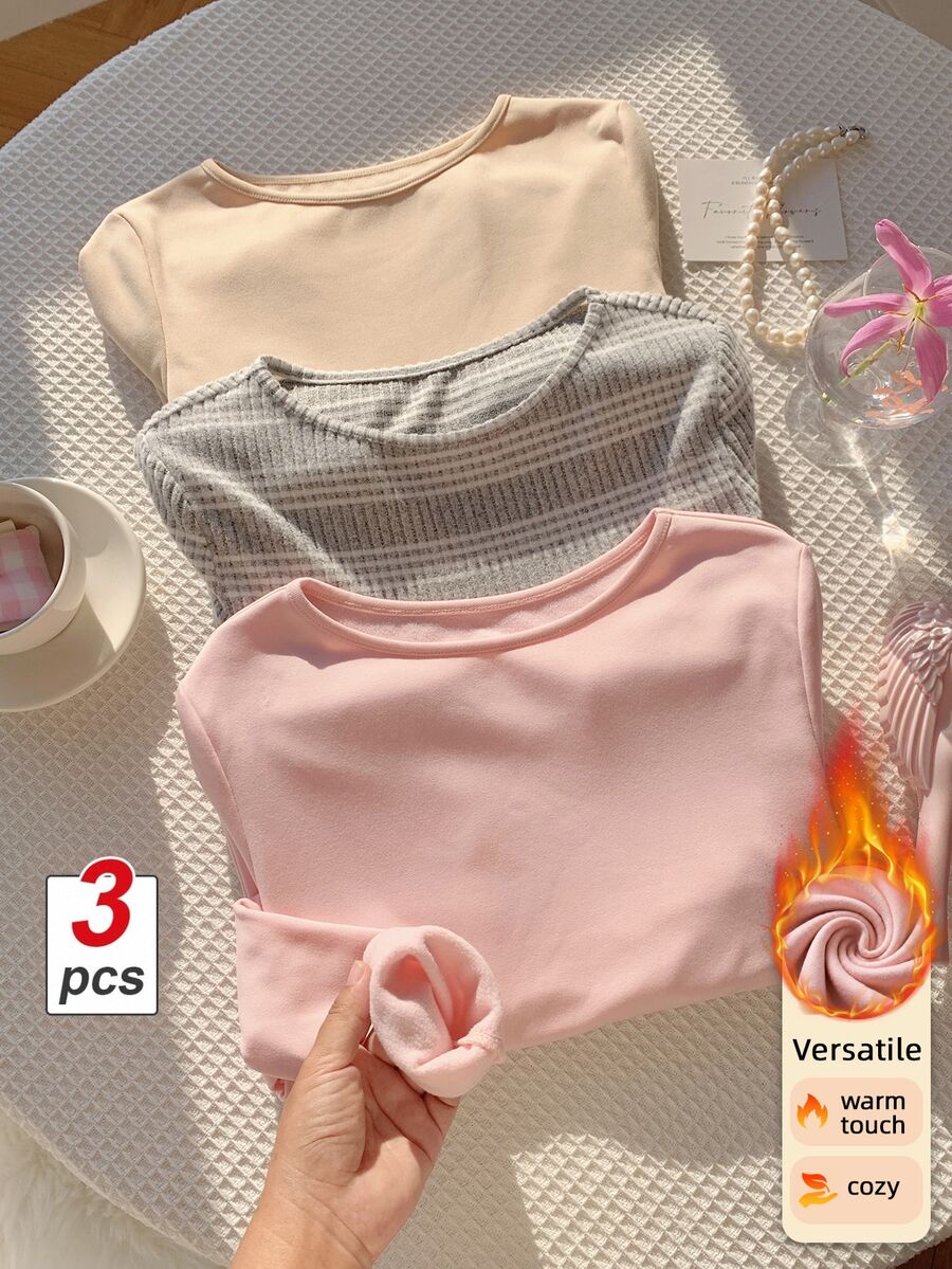 Comfortcana 3pcs Women's Crew-Neck Long-Sleeve Casual Tee Lounge Light Pink Grey Beige Fall - Multicolor - View 1