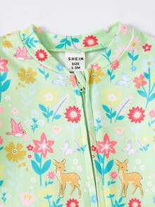 SHEIN 新生女宝宝可爱夏季针织花卉卡通图案连体衣 - 薄荷綠 - 查看 5