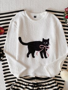 Comfortcana Women's Cartoon Cat Print Crew Neck Long Sleeve Casual T-Shirt - White - View 7