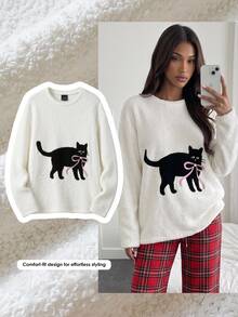 Comfortcana Women's Cartoon Cat Print Crew Neck Long Sleeve Casual T-Shirt - White - View 10