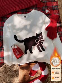Comfortcana Women's Cartoon Cat Print Crew Neck Long Sleeve Casual T-Shirt - White - View 3