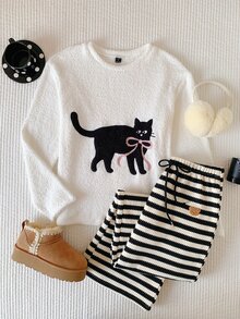 Comfortcana Women's Cartoon Cat Print Crew Neck Long Sleeve Casual T-Shirt - White - View 6