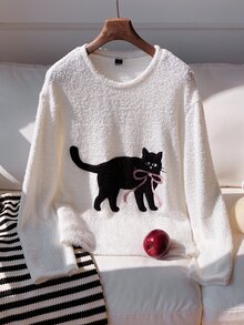 Comfortcana Women's Cartoon Cat Print Crew Neck Long Sleeve Casual T-Shirt - White - View 5