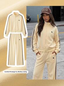 Comfortcana Women's Streetwear Embroidered Zip-Up Jacket & Striped Colorblock Pants 2pcs Set - Light Yellow - View 10