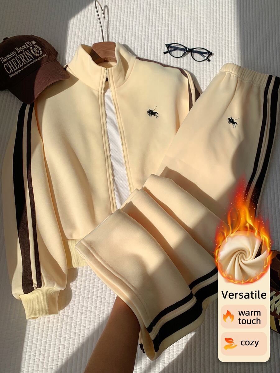 Comfortcana Women's Streetwear Embroidered Zip-Up Jacket & Striped Colorblock Pants 2pcs Set - Light Yellow - View 1