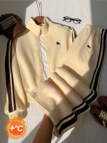 Comfortcana Women's Streetwear Embroidered Zip-Up Jacket & Striped Colorblock Pants 2pcs Set - Light Yellow - View 11