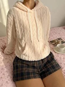 Comfortcana 女款長袖口袋設計抽繩連帽抓絨運動衫 - 杏色 - 查看 9