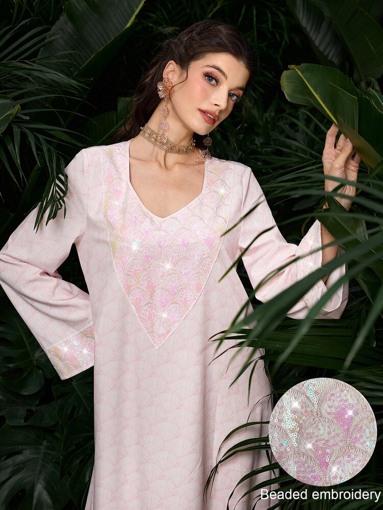 Al Najma Sequin Digital Print Long Sleeve Loose Fashion Elegant Pink Dress For Women - Pink - View 5