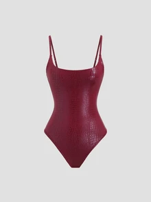 StreetHx Women's Crocodile Embossed PU Coated Elastic Bodysuit, Slim Fit, V-Neck, Casual Sexy, Street, Party Club Night Out, Burgundy, Spring/Summer - Burgundy - View 3