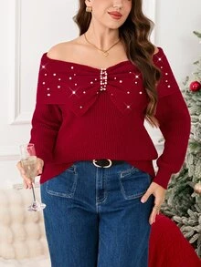SHEIN LUNE Plus Size Women's Faux Pearl Decor Casual Everyday Cardigan Fall - Red - View 6