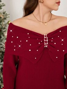 SHEIN LUNE Plus Size Women's Faux Pearl Decor Casual Everyday Cardigan Fall - Red - View 1