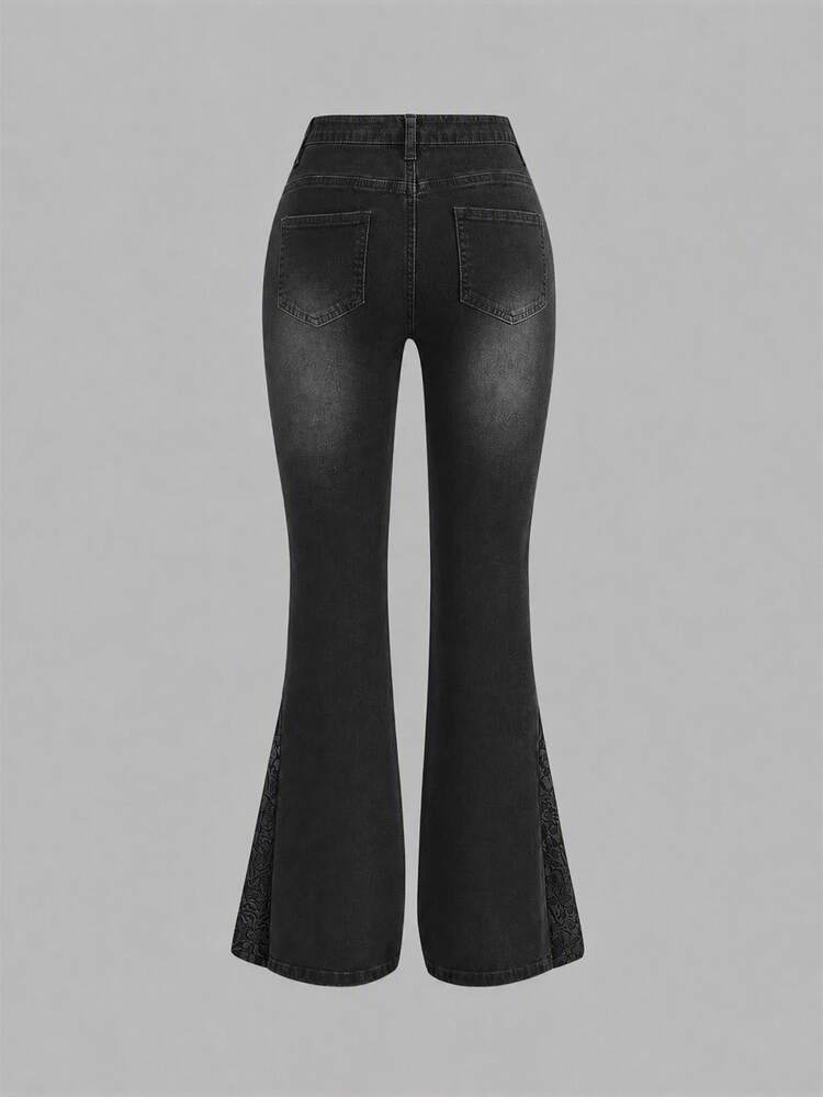 Girlism Teen Girls Fashion Casual Y2k Vintage Patchwork Jacquard Vintage Blue Stretch Tight Bootcut Jeans - Black - View 2