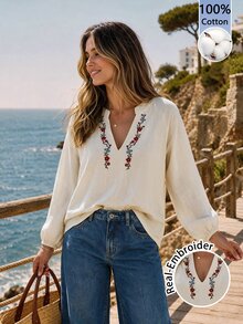 Sylviya Casual Autumn Clothes Boho Women's Embroidered Cotton Long Sleeve Shirt For Autumn/Winter Beige Work Tops - Khaki - View 4