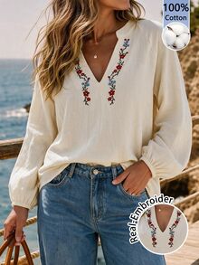 Sylviya Casual Autumn Clothes Boho Women's Embroidered Cotton Long Sleeve Shirt For Autumn/Winter Beige Work Tops - Khaki - View 3