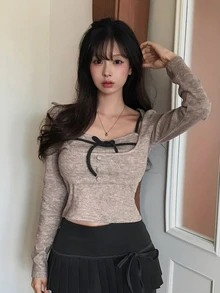 DAZY Women's 2 Pieces Set, Fitted Short Camisole With Contrast Color Bow, Short Long Sleeve Cover-Up, Casual Vacation Korean Style Spring/Autumn Outfit Y2k - Khaki - View 7
