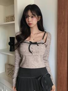 DAZY Women's 2 Pieces Set, Fitted Short Camisole With Contrast Color Bow, Short Long Sleeve Cover-Up, Casual Vacation Korean Style Spring/Autumn Outfit Y2k - Khaki - View 6